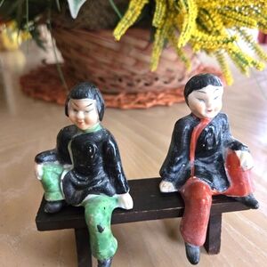 Vintage, Rare, 2 Oriental Girls Sitting On Wooden Bench, Mid-Century